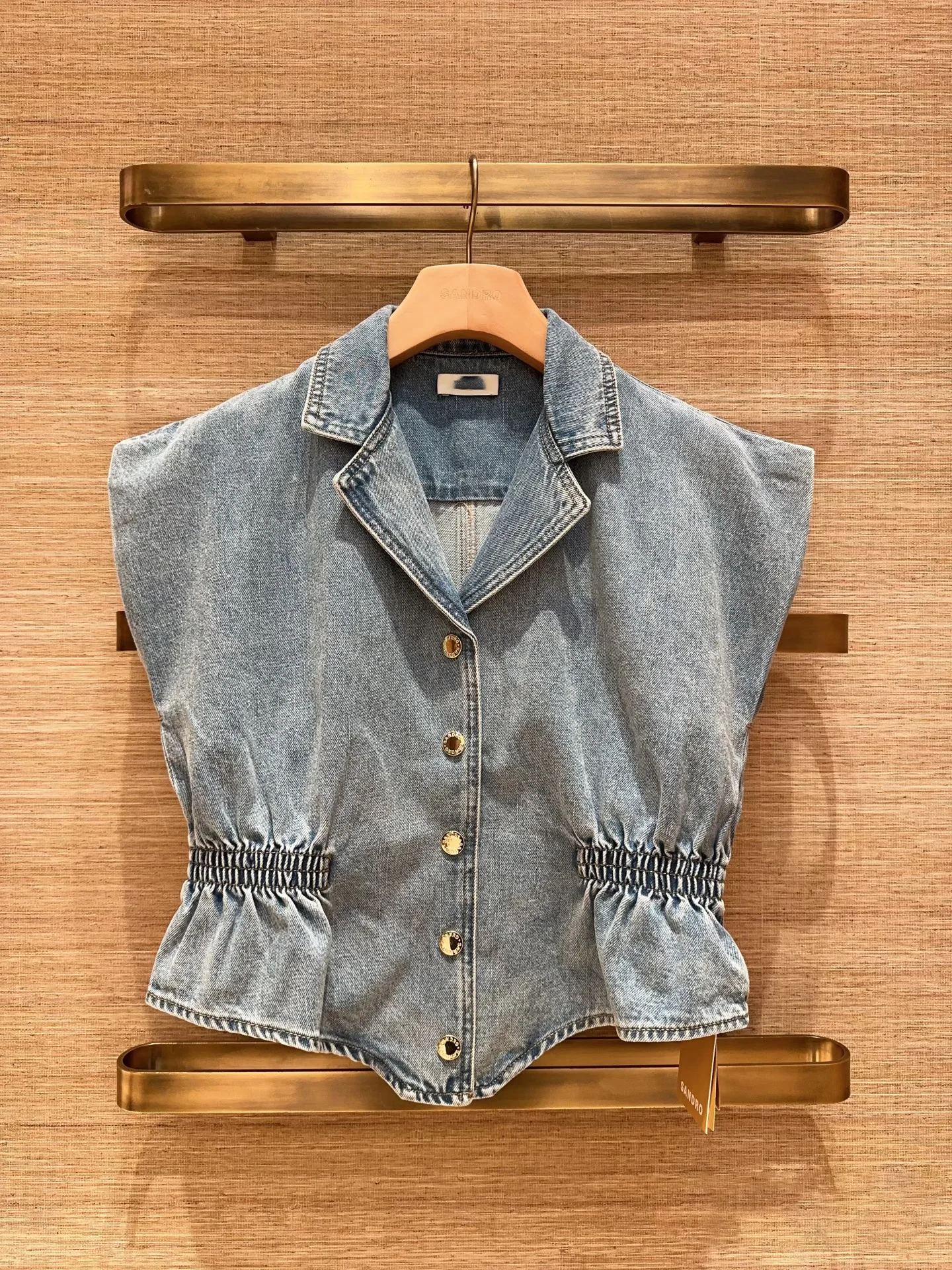 Chaleco vaquero elástico de cintura alta para mujer, corte recto, transpirable, largo corto, azul metalizado, moda de primavera temprana