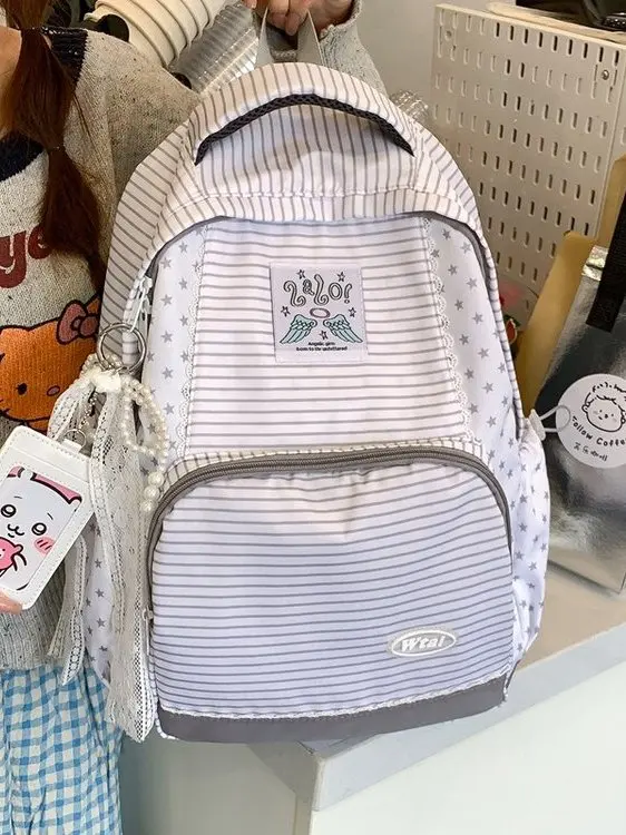LADATA Striped Star Large Capacity Backpack Lightweight Travel School Bag Simple Design New Model Children's Double Shoulder Bag