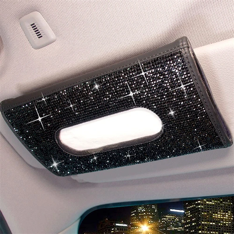 

Car Sun Visor Tissue Box Holder Bling Crystals Cover Case Clip PU Leather Backseat Tissue Case Car Accessories for Women