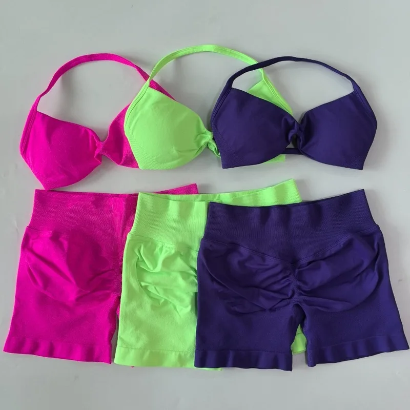 Denyf Women'S 2 Piece Fitness Set Seamless High Rise Yoga Shorts With Matching Sports Bra For Gym Training Running