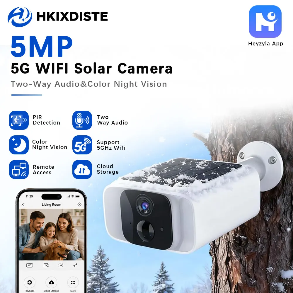 2.4GHz 5GHz Dual Band WiFi 5MP Outdoor Solar Camera Ultra Standby Time PIR Motion Light Color Night Vision Built-In Battery Cam