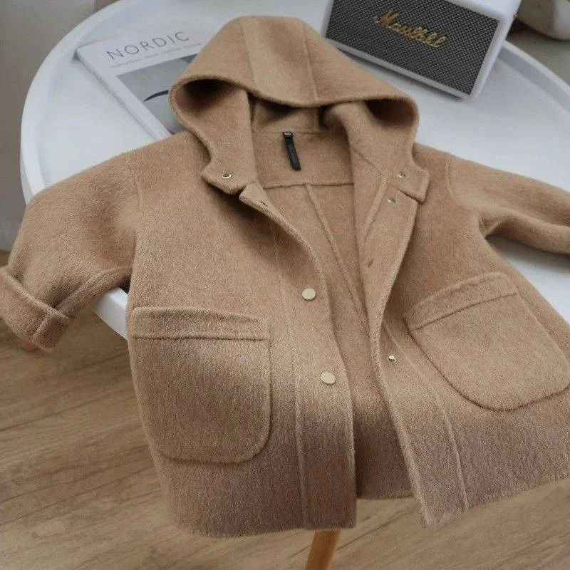 Boys Woolen Coat Overcoat Jacket Windbreak 2024 Hooded Warm Plus Thicken Autumn Winter Cotton School Children\'s Clothing