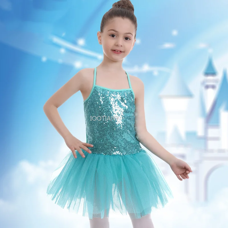 

2024 Kids Girls Ballet Dance Tutu Sling Shiny Sequins Leotards Dress Ballerina Gymnastics Skating Stage Performance Dancewear