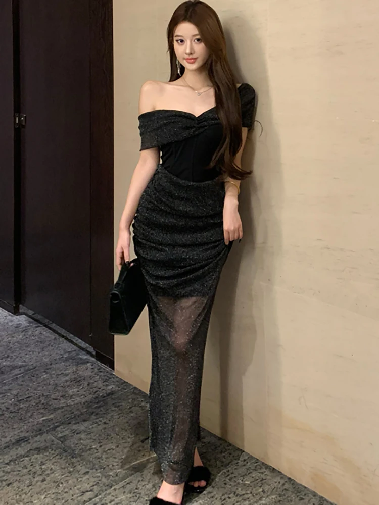 2025 ใหม่สีดําผ้าไหมตาข่าย SHEER เซ็กซี่ชุดผู้หญิง Elegant Chic หน้าอกห่อชุดฤดูใบไม้ผลิฤดูร้อนเกาหลี ...