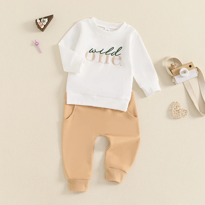 Baby Boy Birthday Outfit Letter Embroidery Long Sleeve Sweatshirt Elastic Waist Pants 2 Piece Set for Fall Winter