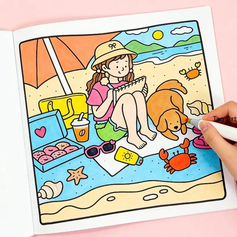 A Healing Girl's Daily Scene Coloring Book, Garden/Beach/Skiing/Home/Coffee Shop/Four Season Life Scene, 24 Page Drawing Pattern