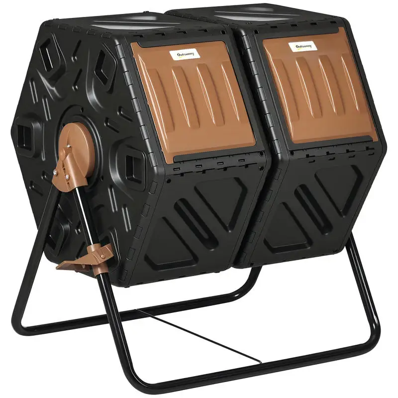 

Outsunny Dual Chamber Compost Tumbler Bin, Outdoor Tumbling Composter with 24 Ventilation Openings and Steel Legs, 34.5 Gallon