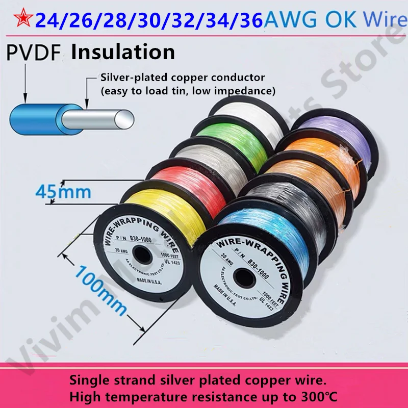 PVDF Silver Plated Copper Wire 24/26/28/30/32/34/36 AWG Micro Fine UL1423 High Temperature Electronic DIY Single Core Cable PCB