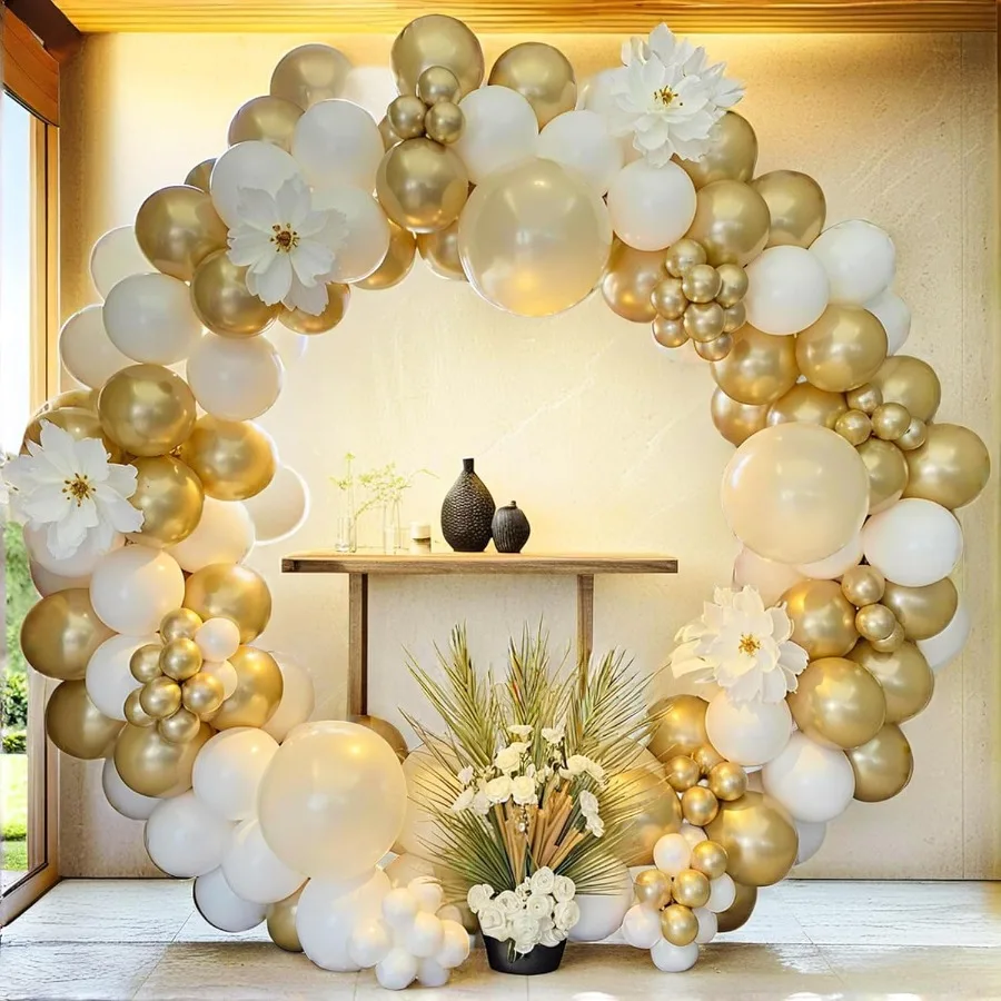 طقم قوس بالونات باللونين الأبيض والذهبي مع 178 قطعة بأحجام مختلفة بما في ذلك 18 12 10 و5 بوصة رمل أبيض معدني ذهبي #1