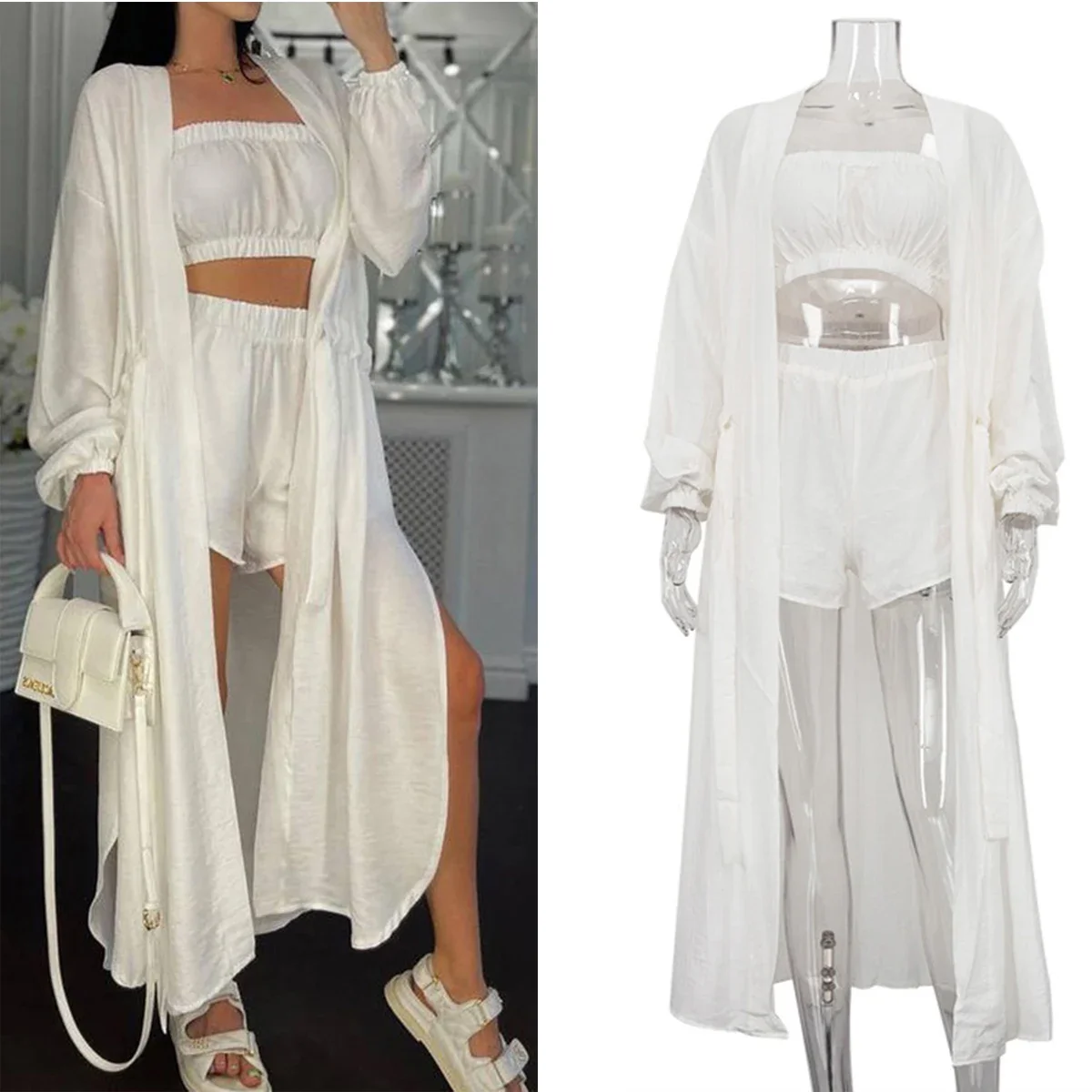 

Fashion Loose White 3 Piece Sets Women Outfit Elegant Long Sleeve Robes + Tube Top With High Waist Shorts Set Streetwear