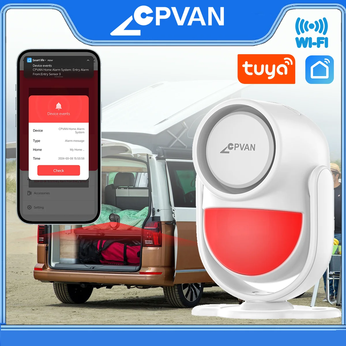 

CPVAN wireless WIFI Tuya RV Alarm System infrared Motion Alarm 120dB volume with door sensor for RV/Van PIR motion detector