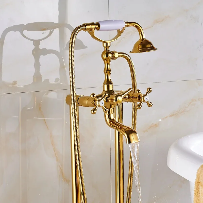 Set di rubinetti per vasca da bagno antichi europei dal pavimento al soffitto in ottone oro nero con secchio in legno concubina verticale per doccia a doppia colonna