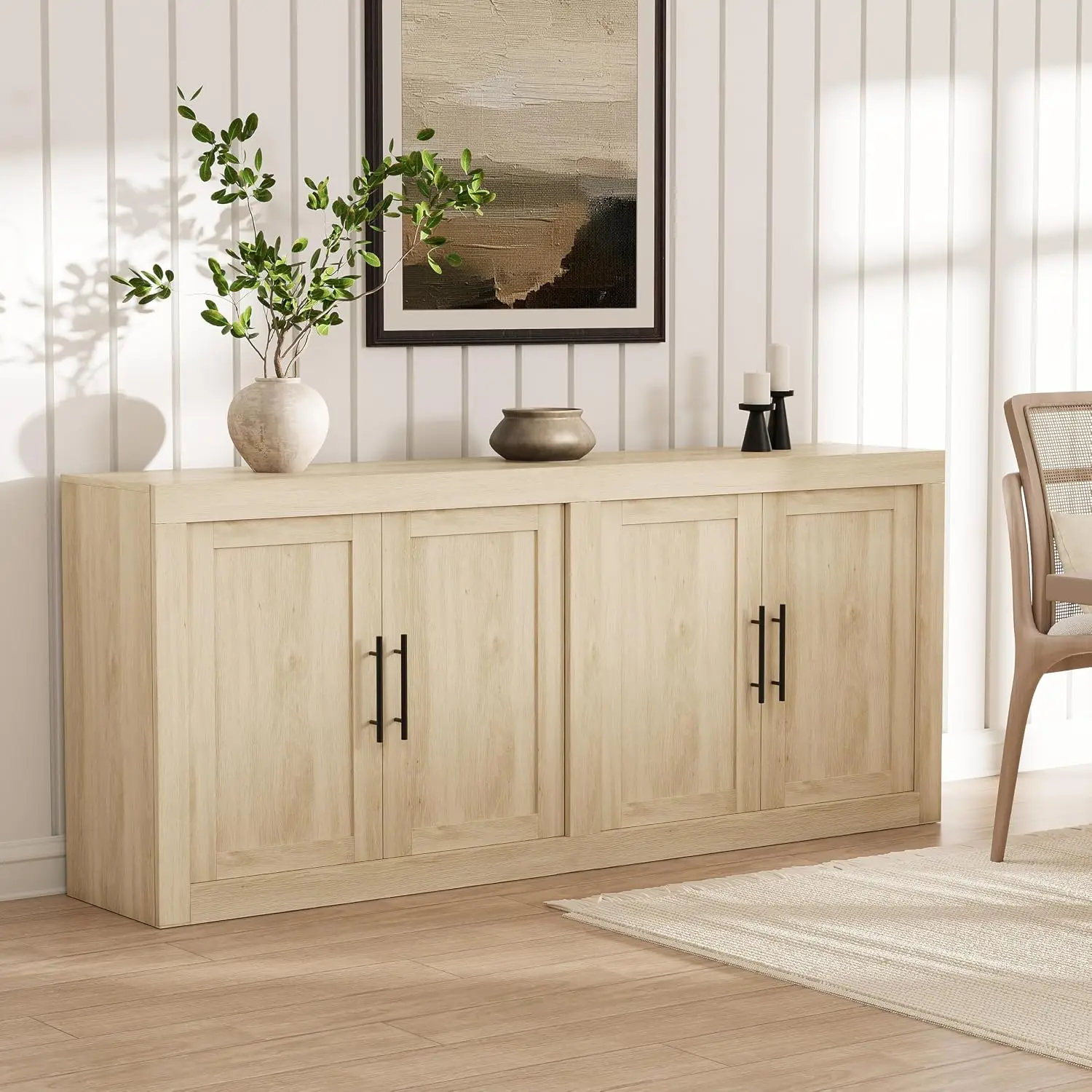 Large Sideboard Buffet Cabinet, Kitchen Storage Cupboard With Wooden Doors, Freestanding Dining Room Server Organizer, Modern Living Room Credenza Furniture Unit, Natural