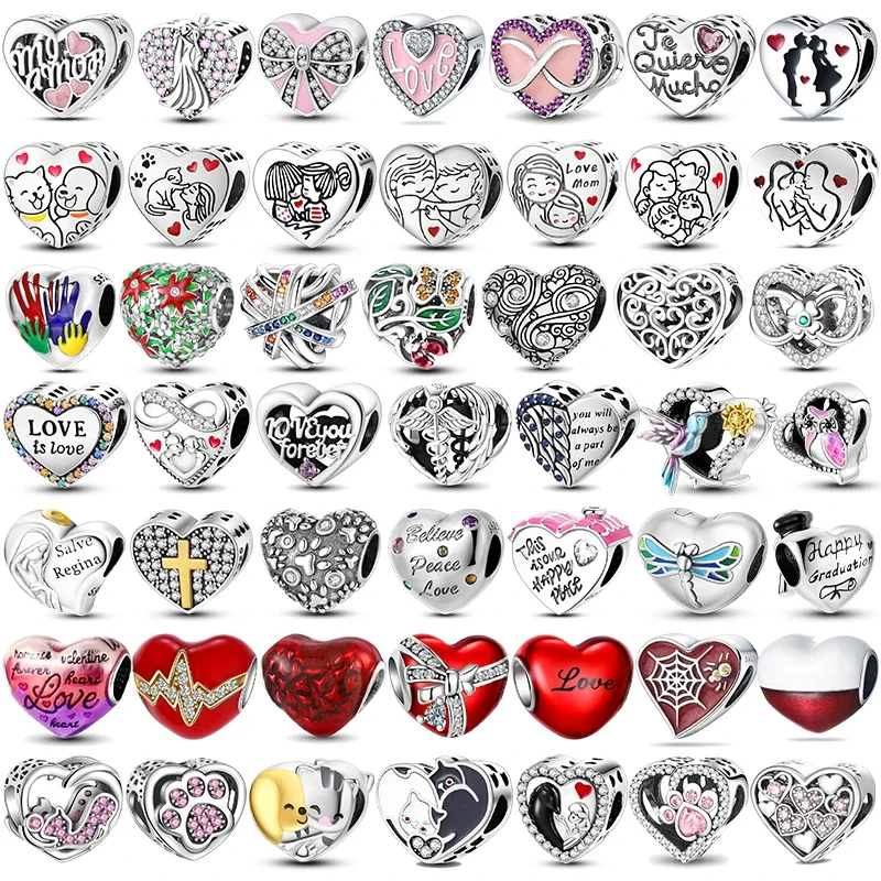 

NEW 925 Sterling Silver Angel Mom Family Love Heart series Beads fit Original Pandora Charms Bracelets Women DIY Jewelry Gift