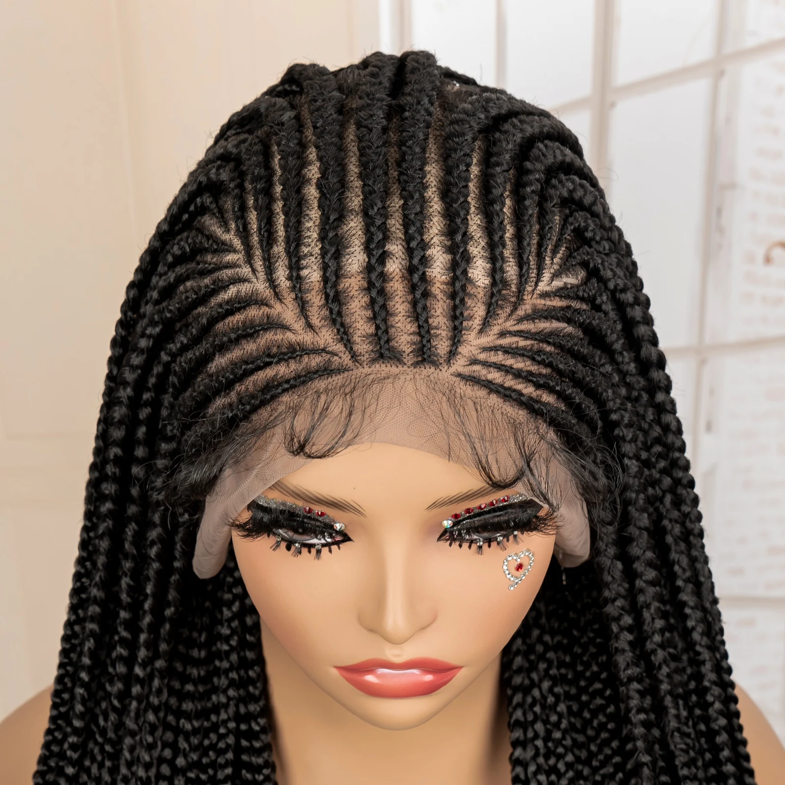 Wig Kepang Kotak Tanpa Simpul Sintetis Afrika 36 Inci Wig Kepang Renda Penuh Wig Kepang Cornrow Rajutan Buatan Tangan untuk Wanita Kulit Hitam