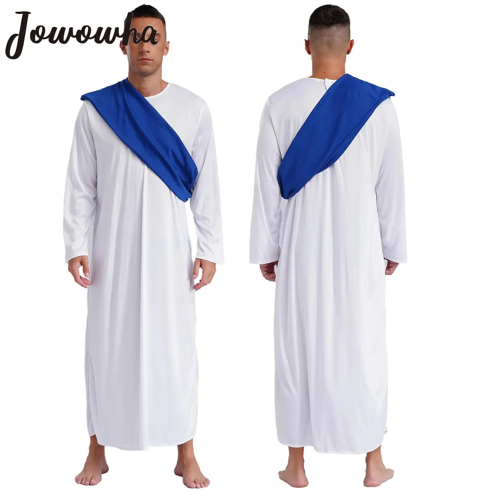 Mens Halloween Ancient Greek Prince Cosplay Costume Carnivals Church Jesus Christ Toga Long Sleeve Gown Robe with Shoulder Shawl