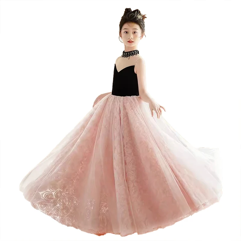 Kid's Black PinK Floor-Length Rosette Tulle Flower Girl Dress Birthday Party A-line Pageant Perform Princess Gown for 1-14 Girls