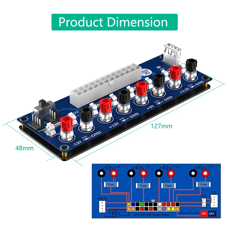 Pc用atx電源ブレークアウトアダプター、供給スプリッターモジュール、5v USBポート、断熱プラスチックベース、電源スイッチ、20ピン、24ピン