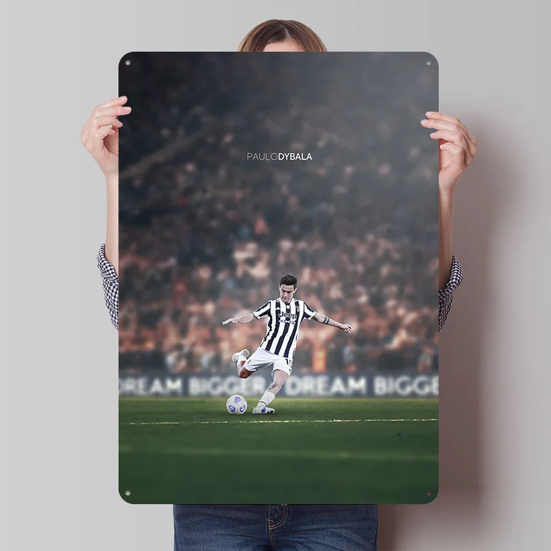 Póster Impreso de Acción de Fútbol de Paulo Dybala, Arte de Pared Retro Personalizado, Letreros Metálicos Vintage para Decoración de Fans, Artículos de Decoración para el Hogar