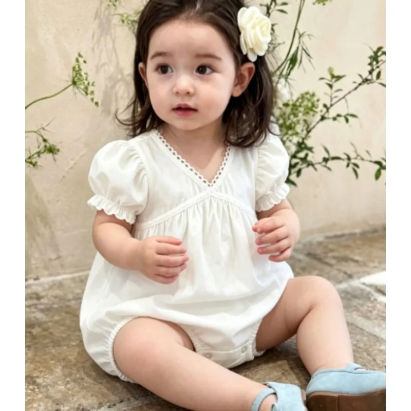2026 New Summer Baby Girl Solid Color Rompers Cute Bubble Sleeve Baby Summer Clothing Sweet Lace Rompers