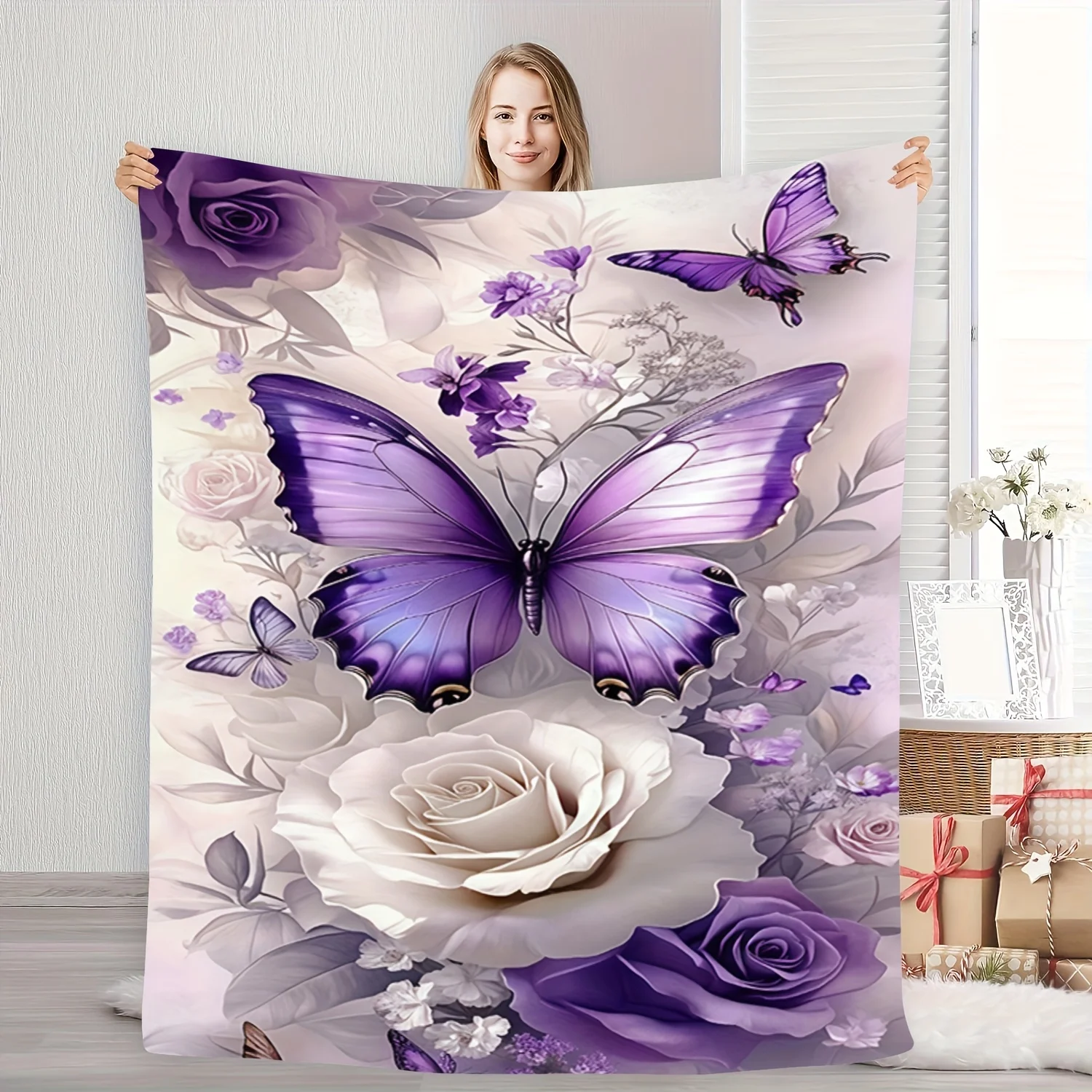 1pc of Flannel Blanket Featuring a Beautifully Designed Theme Pattern of Comfortable and Romantic Purple Butterflies and Roses,