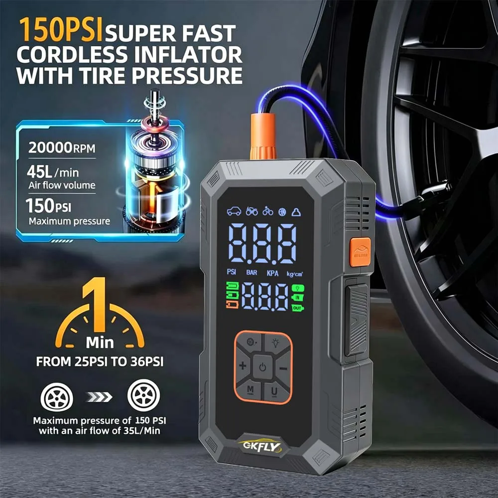 GKFLY 8000A Portable Car Jump Starter with 150PSI Air Compressor Battery Booster 59.2Wh Power Bank Air Pump Tire Inflator Pump