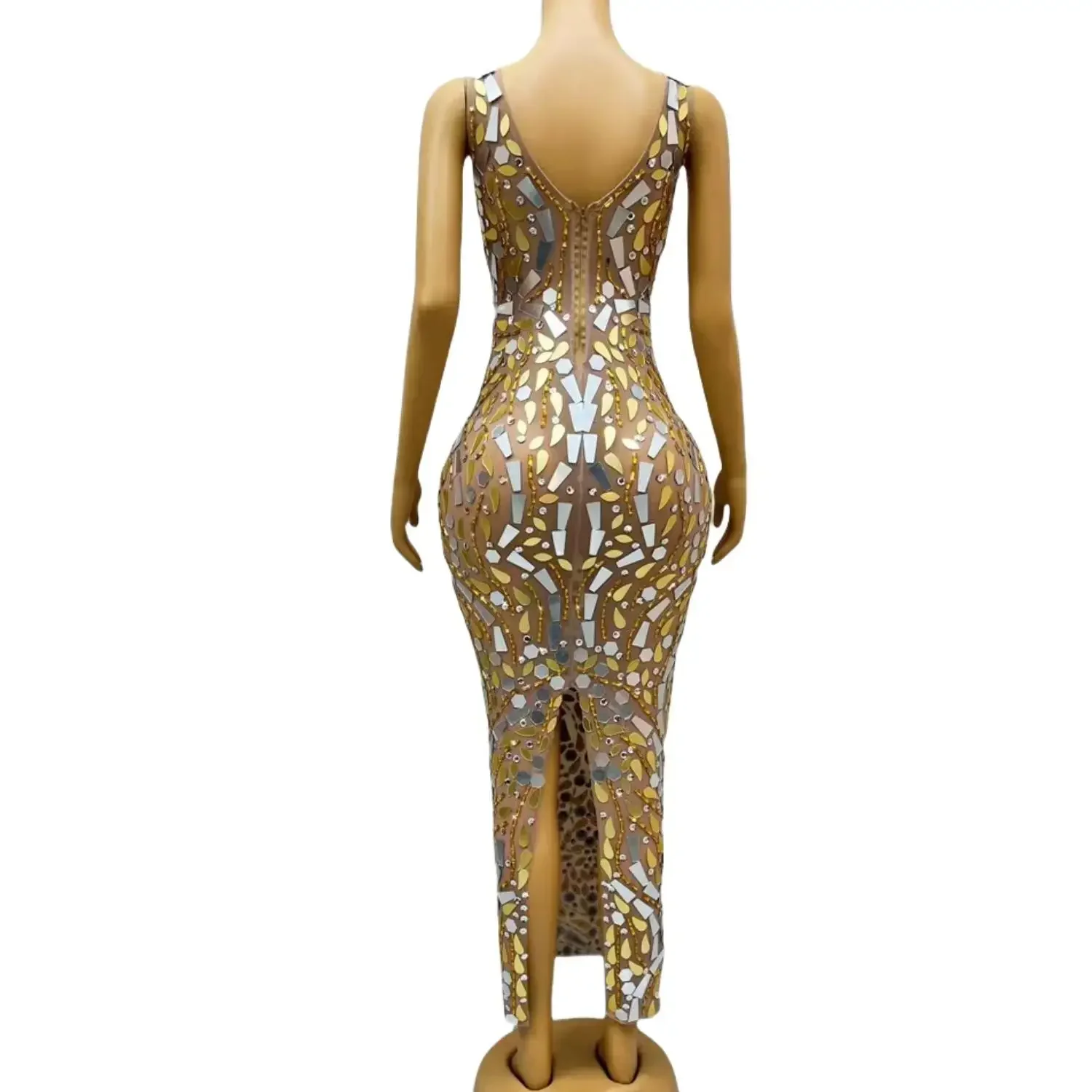 New Sexy Mirrors Sparkly Slim Dress Singer Model Catwalk Banquet Party Gown for Women Elegant Gold Rhinestone Party Ball Gowns