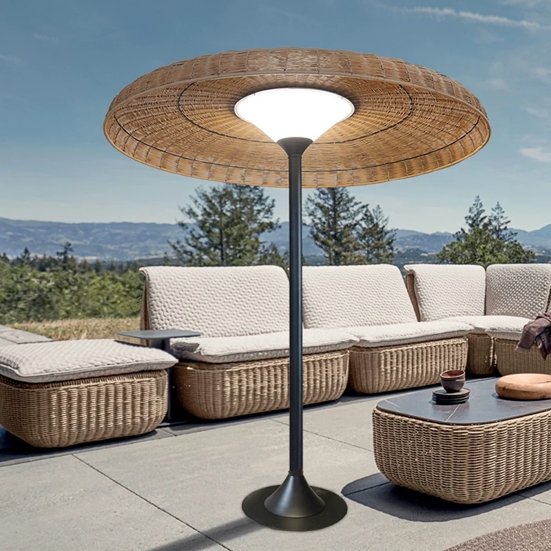 Outdoor Waterproof Sunshade Umbrella Floor Lamp with Stainless Steel Base and PE Rattan Weave for Patio and Garden