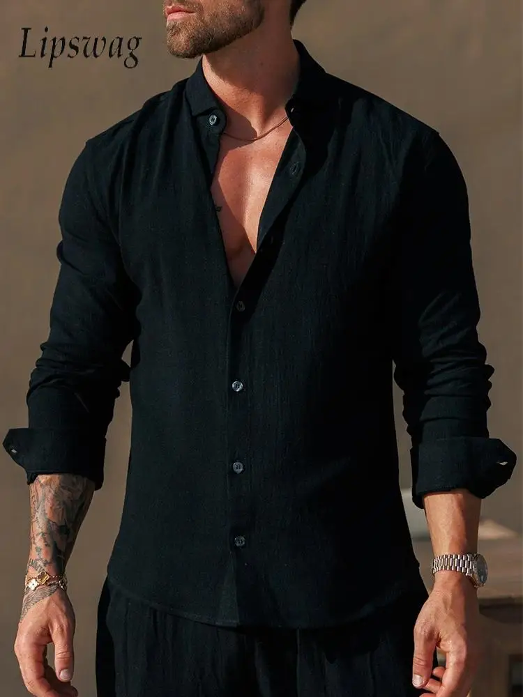 

Повседневные мужские однотонные льняные рубашки, весенне-осенние винтажные рубашки на пуговицах с лацканами и длинными рукавами, мужские рубашки для отдыха на пляже
