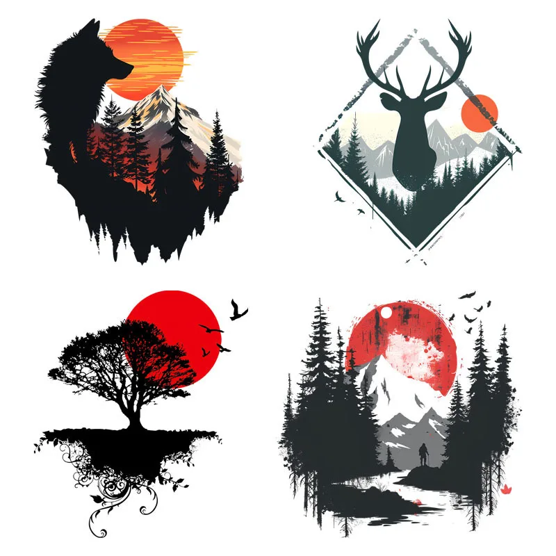 Fashion Outdoors Heat Transfer Sticker Sun Forest Mountains Deer & Wolves Animals Iron On Patch On Jacket DIY Funny DTF Patchess