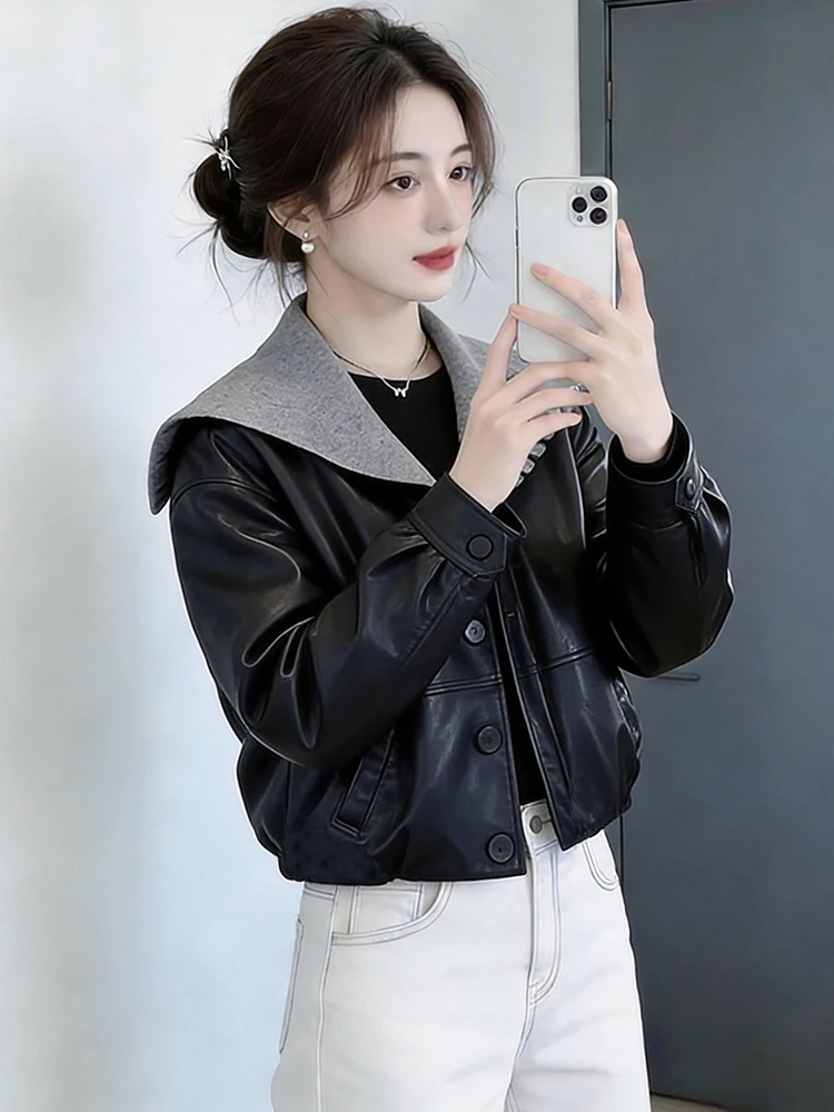 

Spring 2026 Women's Knitted ort Jaet Navy Collar Patchwork Casual Loose Fit Color Blo Cardigan Top Casual Sle