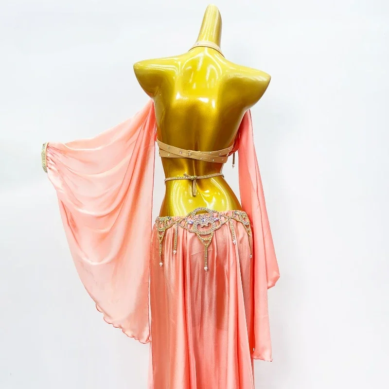 벨리댄스 공연 의상 세트 여성용 브라+새틴 스플릿 스타일 롱 스커트 2피스 맞춤형 성인용 오리엔탈 벨리댄스 세트