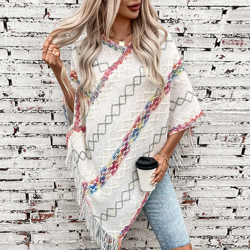 

Women's Colorful Striped Knitted Tassel Cape Sweater Drizzle Autumn Winter European American Style