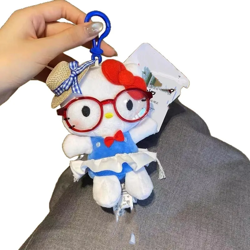 New Hello Kitty Kawaii Straw Hat Glasses Cute Plush Keychain Toy Bag Pendant Doll Decorations Birthday Gift For Girl