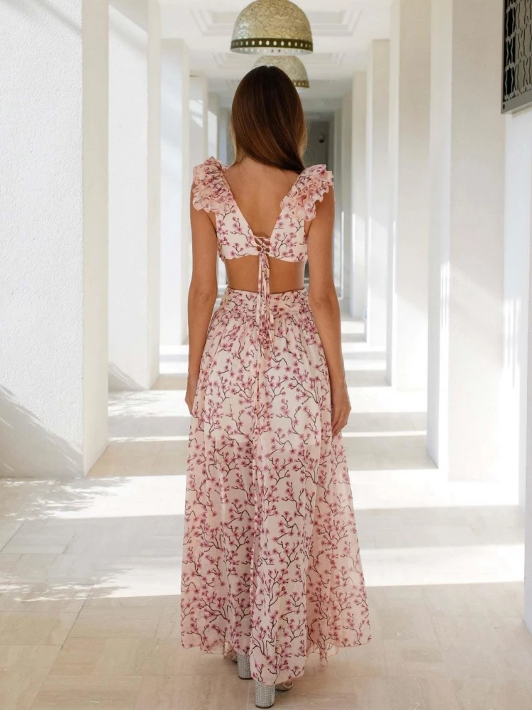 Robe longue à imprimé floral pour femmes, robe évidée, col en V profond, volants en fibre, fête de vacances, plage, rose sexy