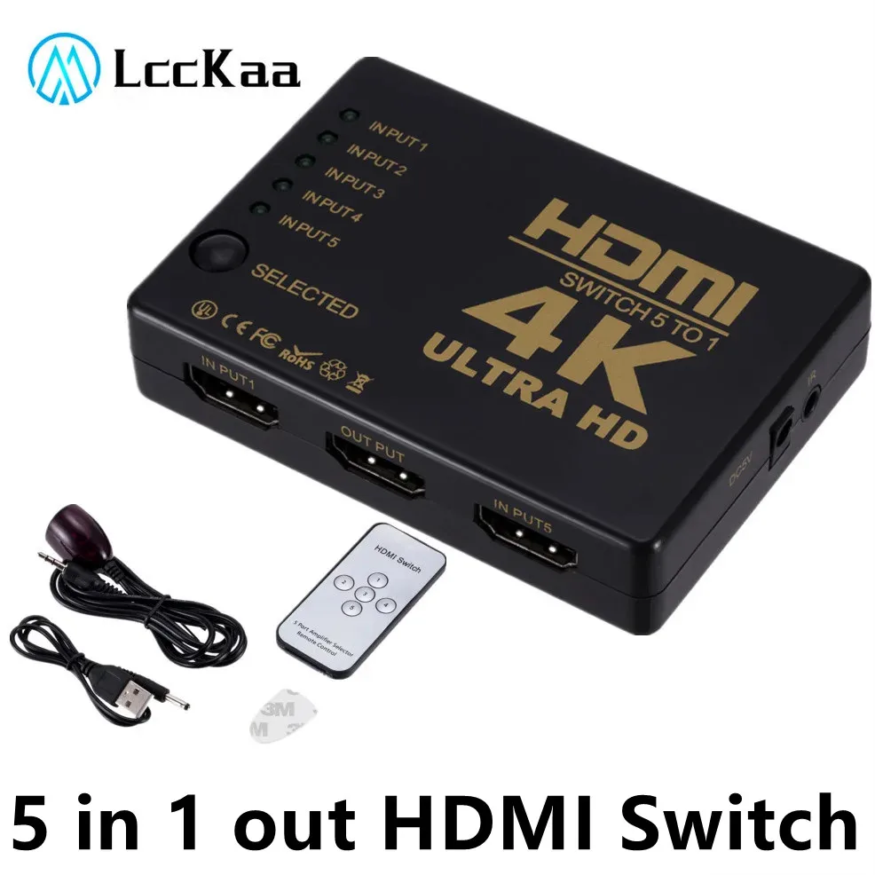 LccKaa Przełącznik 4K HDMI HD1080P 5-portowy przełącznik HD z rozdzielaczem i koncentratorem Pilot na podczerwień do HDTV DVD TV BOX