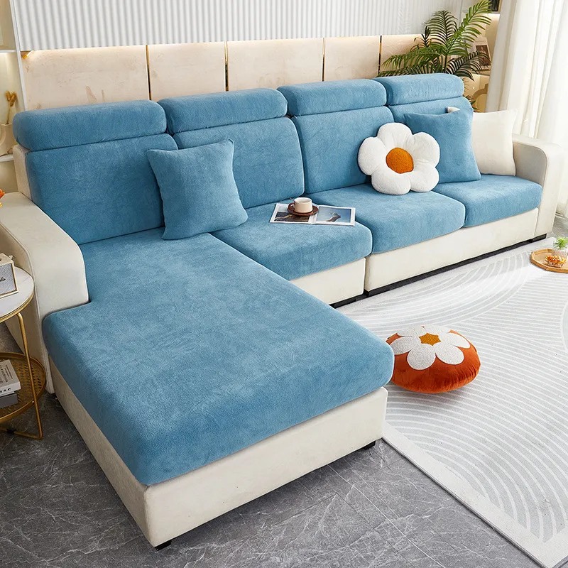 Simple Solid Color Fleece Sofa Cover 1/2/3/4 Seater Universal Couch Slipcovers Dustproof Non-slip Elastic Settee Cushion Covers
