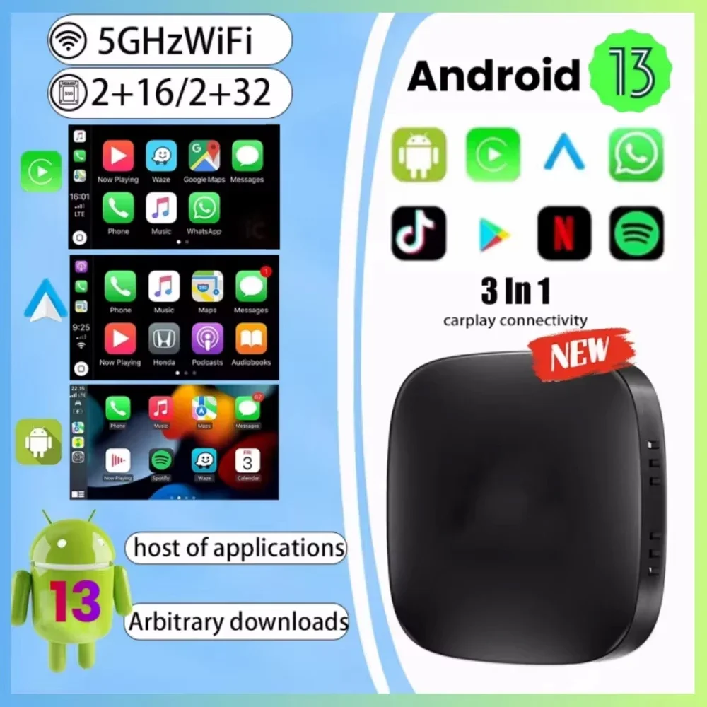 

2 + 32G Ai Box Android 13, беспроводная Android Auto и CarPlay, умная ТВ-приставка, поддержка Youtube Netflix, автомобильные аксессуары, интеллектуальные системы
