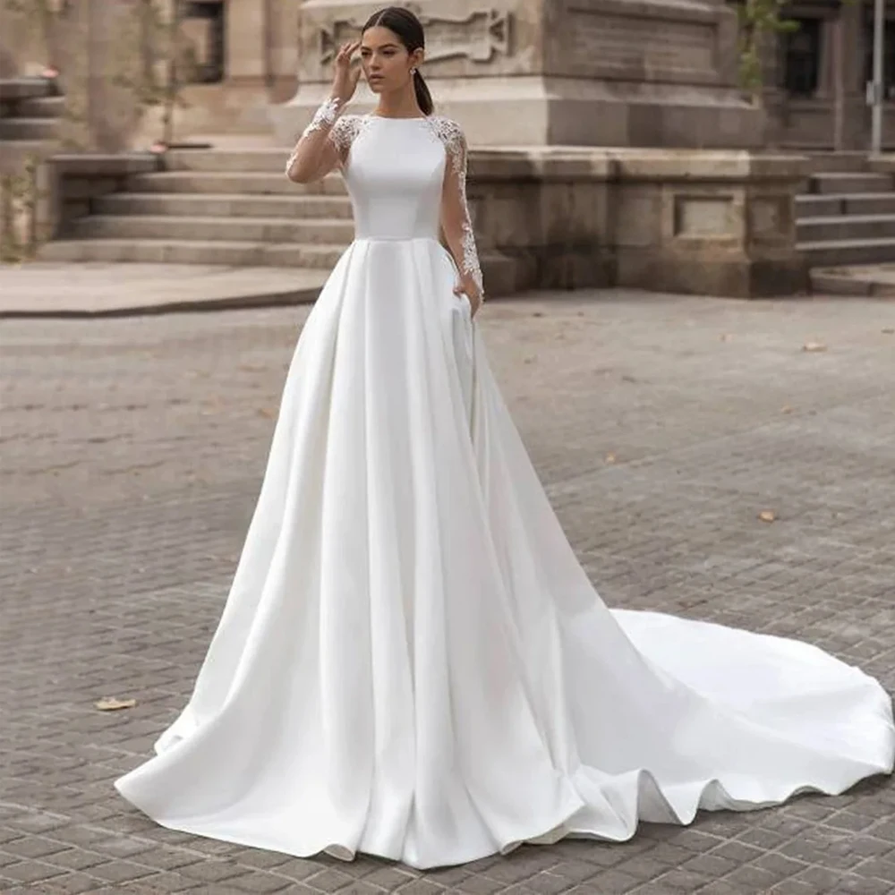 Maßgeschneiderte Brautkleider mit langen Ärmeln, A-Linie, Brautkleid, Applikation, Spitze, Satin, bodenlang, offener Rücken, Illusion, Vestido de Novia