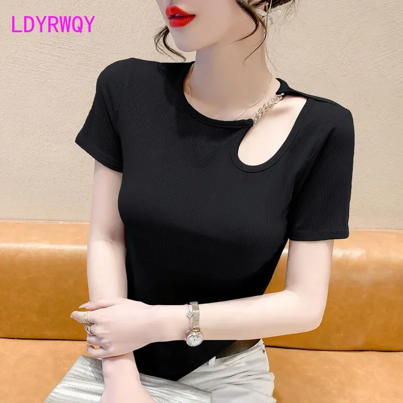 Thread slimming, irregular design, chain hollowed out women's T-shirt with short sleeves, fashionable temperament