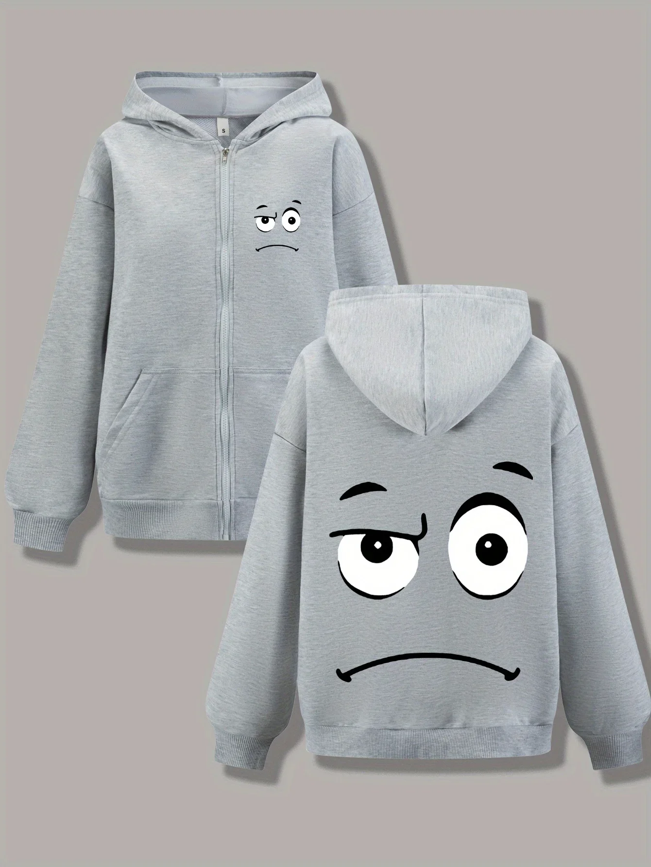 Men's and women's long sleeved loose zipper sweatshirt jacket, double-sided eye pattern, warm and comfortable fabric