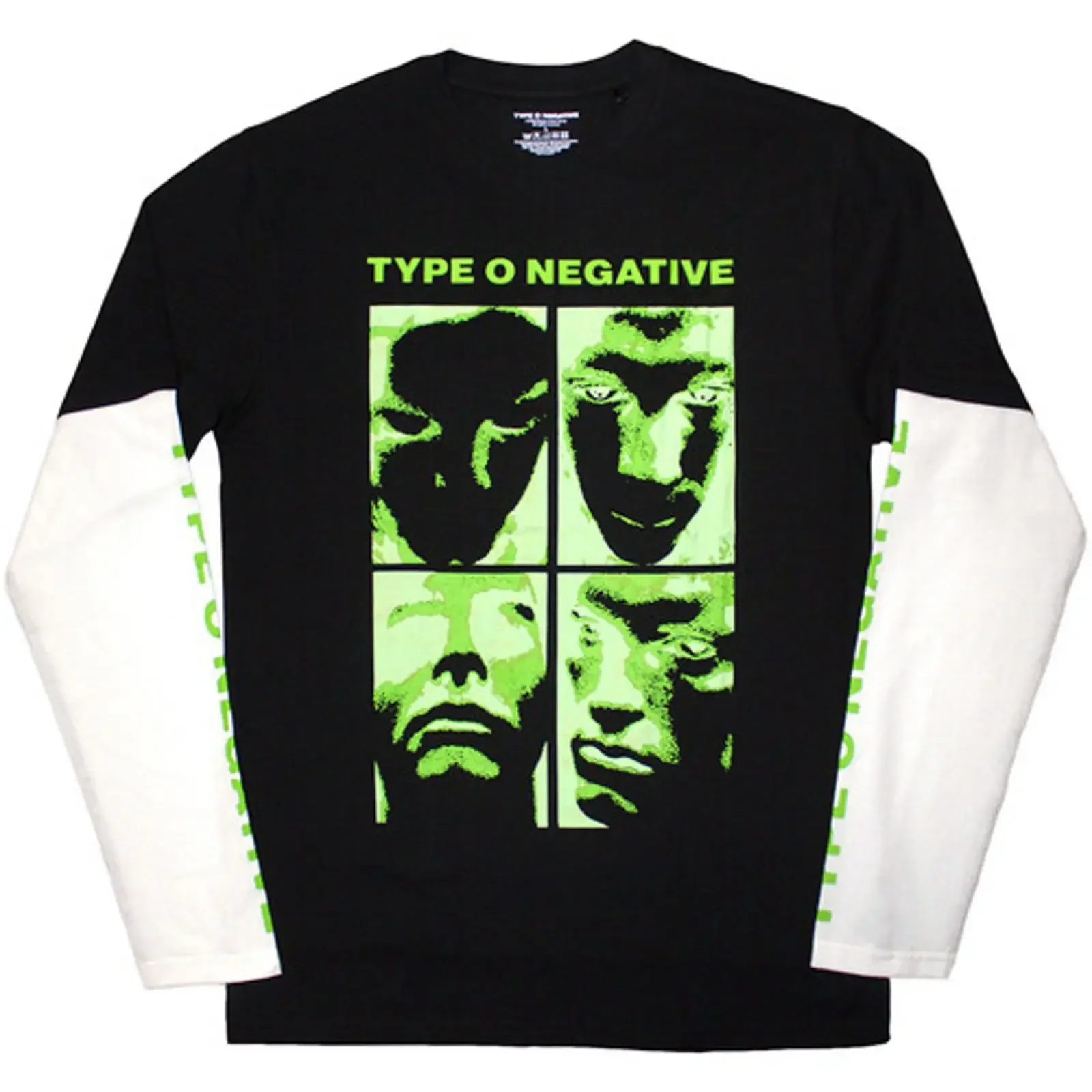 Camiseta de manga larga con capas tipo O Negative, estampado vintage lavado en blanco y negro, estilo streetwear versátil, unisex