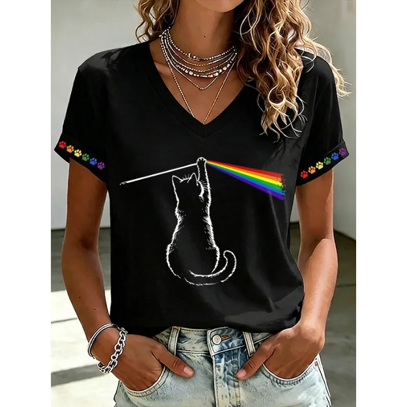 ilstile Damen-T-Shirts mit Katzenpfotenmuster, Sommer, kurzärmelig, lässig, V-Ausschnitt, schwarze T-Shirts, NEU