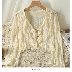 Women Sweet Long Sleeved Ruffle Edge Sunscreen Cardigan V-neck Hollow Out Lace up Short Coat Solid Thin Knit Loose Casual Shawl