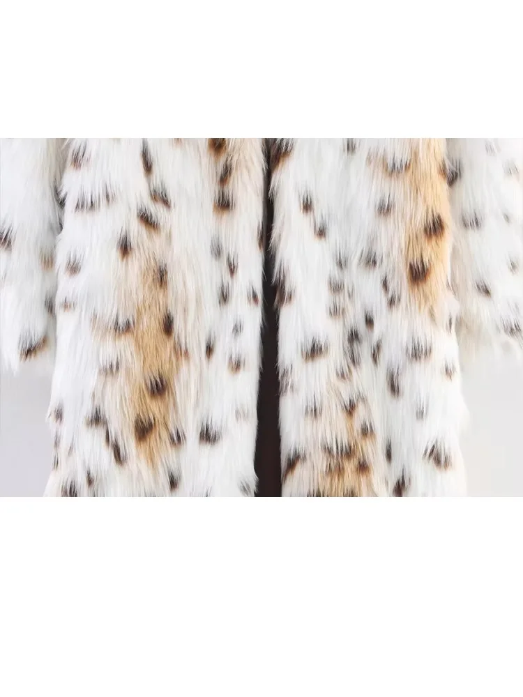 HH Women Winter Fashion Lapel Long Natural Imitation Fur Leopard Print Coat Female Warm Loose Outwear Casual Long Jacket