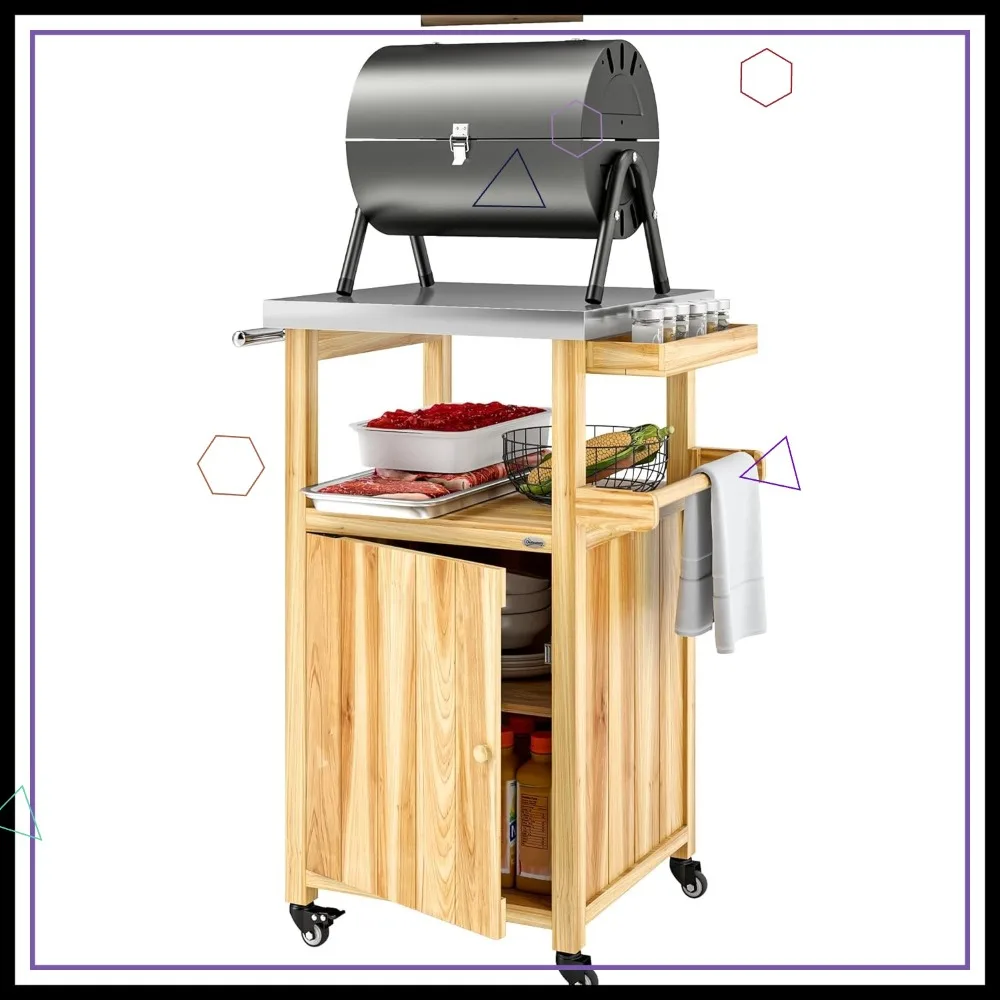 

Outdoor Grill Cart with Wheels, Stainless Steel Top, Wood Kitchen Island with Storage Cabinet & Spice Rack for BBQ