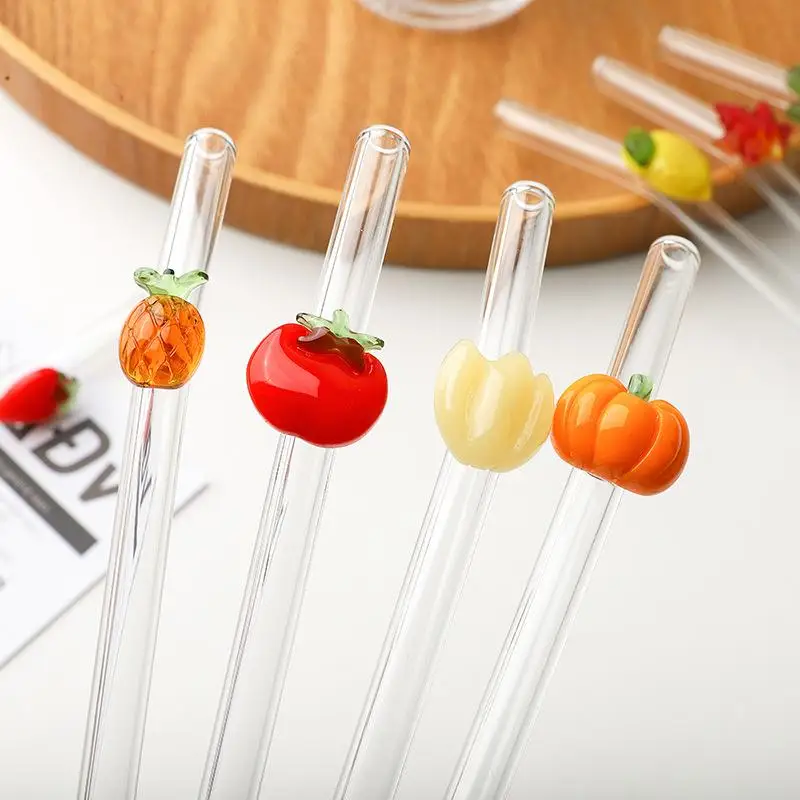 1pcs Reusable Glass Straw Fruit Design Clear Straws Strawberry Cherry Series Drink Straws 20cm