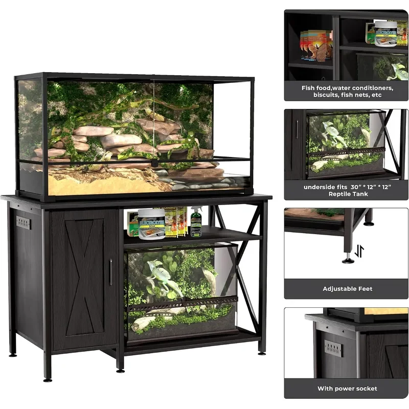 120 Gallon Reptile Tank Stand 4x2x2 Reptile Enclosure Stand with Storage Cabinet and Power Outlet for Bearded Dragons Snakes