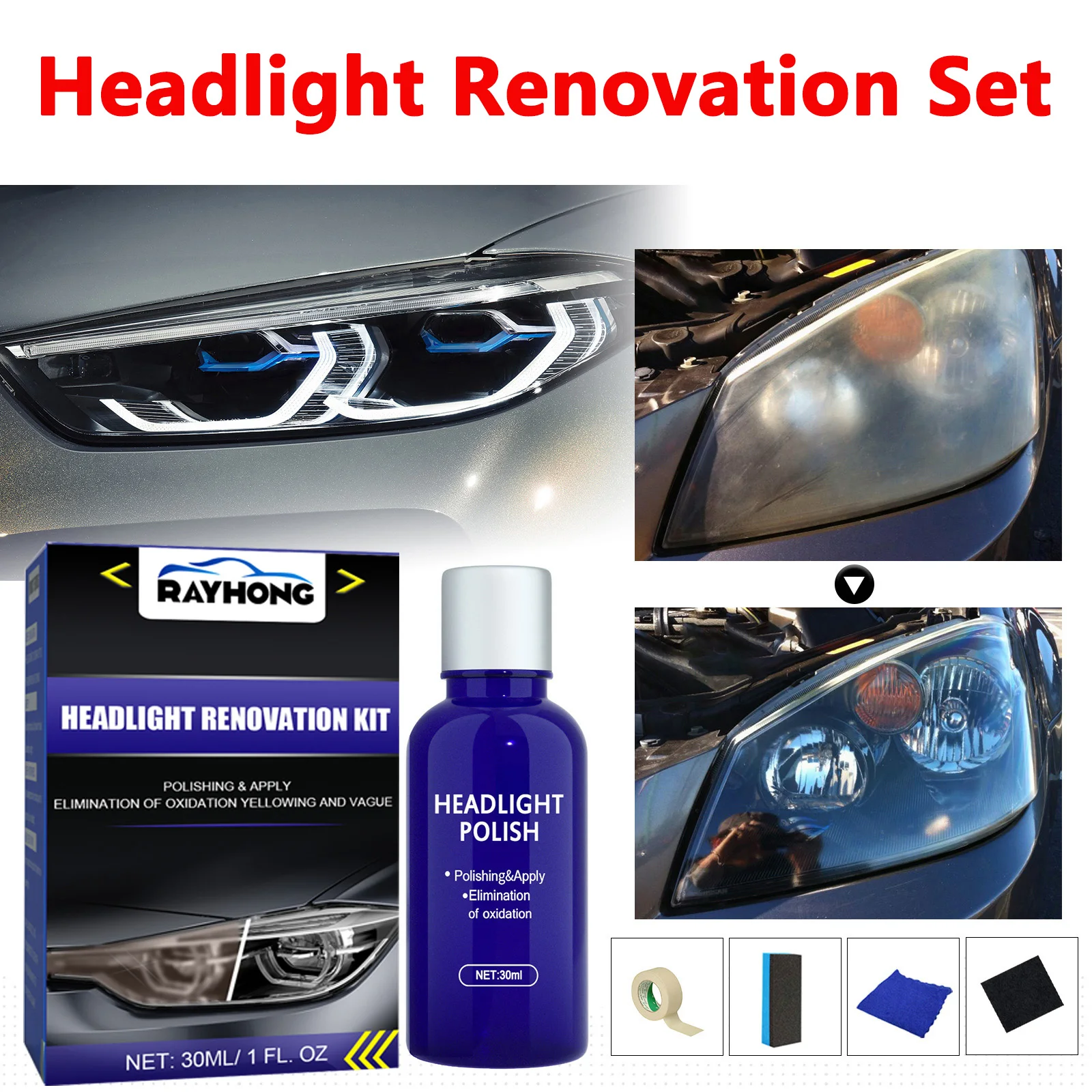 

Комплект для восстановления фар автомобиля, очиститель для полировки автомобиля, покрытие для удаления желтого тумана и царапин, облачные фары, прозрачные, как новые