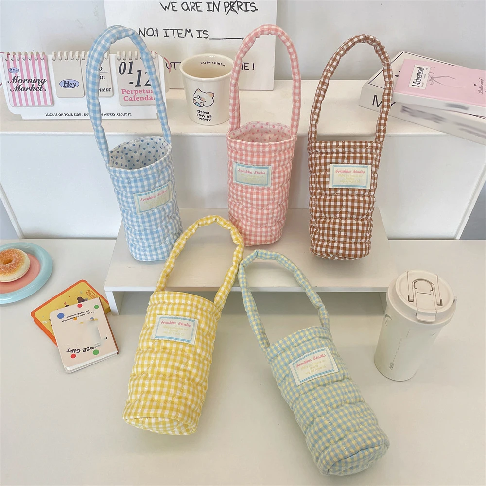 New Portable Cotton Plaid Cup Holder Handbag Soft Anti-Scalding Small Carry-On Bag Floral Embroidery Fabric Tote Bag